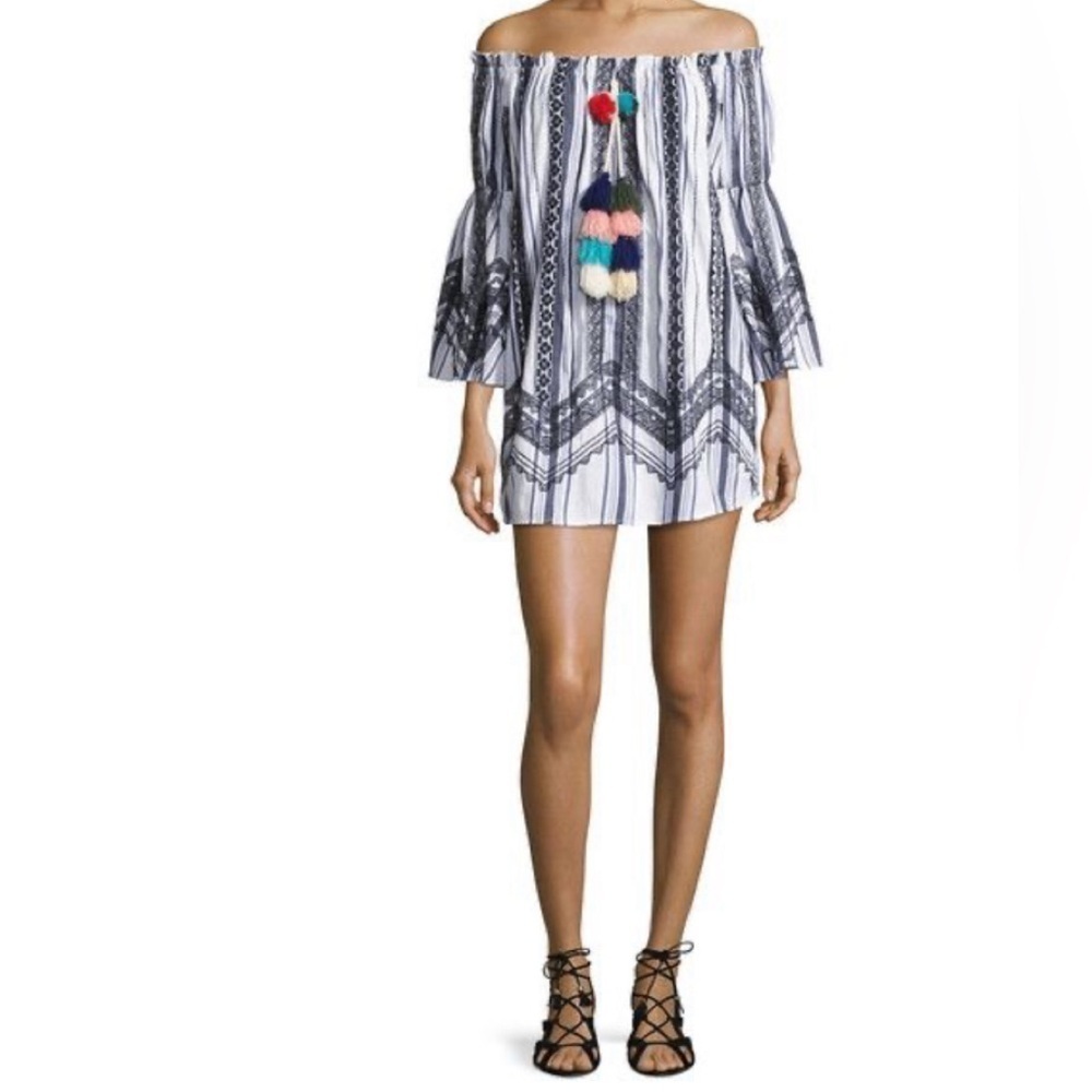 NWOT Red Carter Rio Stripe Off The Shoulder Pom Pom Tassel Trim Mini Dress SZ L